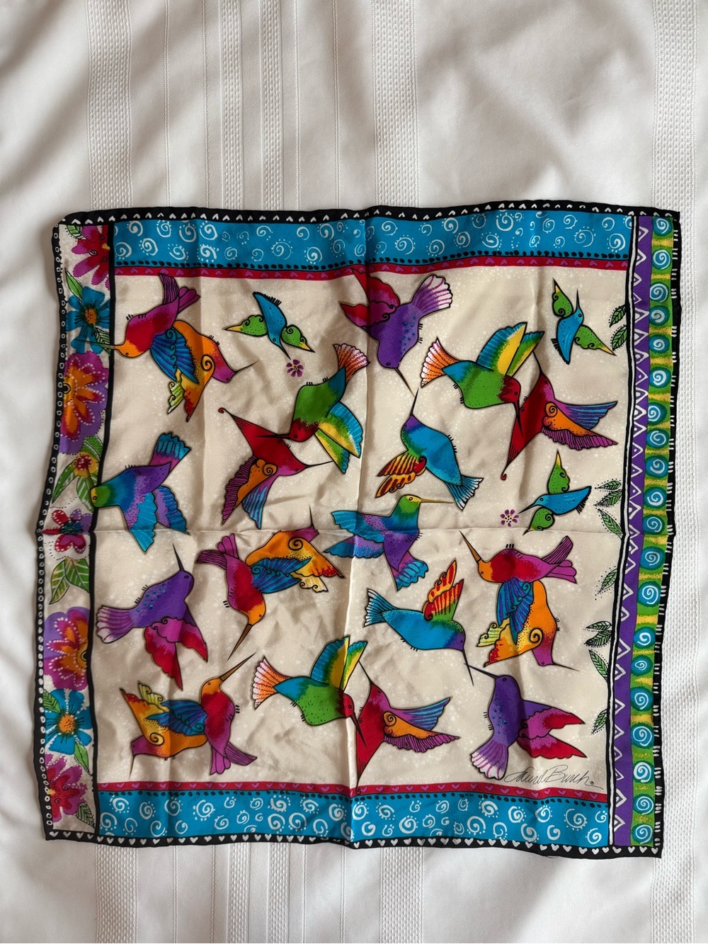 Laurel Burch Silk Scarf 20 Inch Birds Colorful Hummingbird Bandanna Square